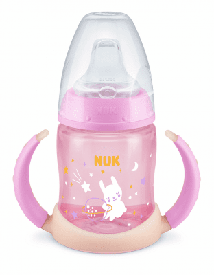 Преходна чаша със силиконов накрайник NUK - First Choice, Glow in the Dark, TC, 150 ml, Розова