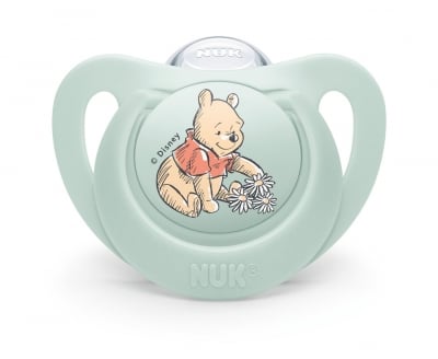Силиконова залъгалка NUK - Мечо Пух, 6-18 месеца + кутийка за съхранение и стерилизация