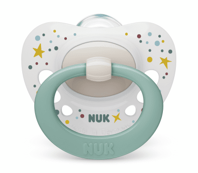 Силиконова залъгалка NUK - Signature, 0-6 месеца, Бяла със Зелено + кутийка за съхранение и стерилизация