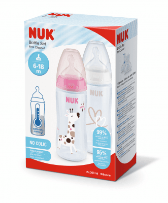 Комплект шишета Nuk - First Choice, TC, 2 х 300 ml, 6-18 месеца, момиче