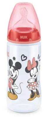 Шише със силиконов биберон NUK - First Choice, Mickey and Minnie, TC, 300 ml, 6 - 18 месеца, Червено