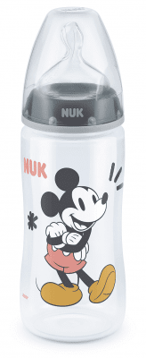 Шише със силиконов биберон NUK - First Choice, Mickey Mouse, TC, 300 ml, 6 - 18 месеца, Сиво