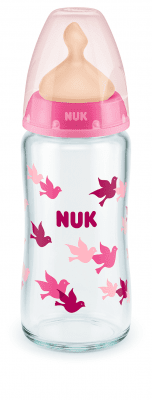 Стъклено шише с каучуков биберон NUK - First Choice, TC, 240 ml, 0-6 месеца, Розово