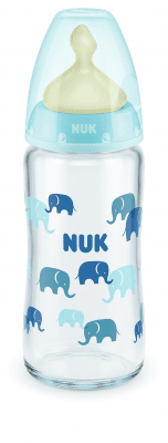 Стъклено шише с каучуков биберон NUK - First Choice, TC, 240 ml, 0-6 месеца, Синьо