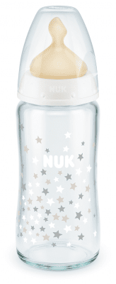 Стъклено шише с каучуков биберон NUK - First Choice, TC, 240 ml, 0-6 месеца, Бяло