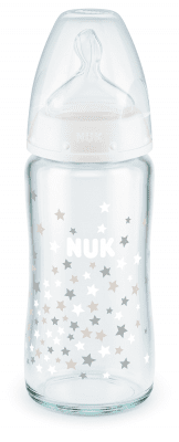 Стъклено шише със силиконов биберон NUK - First Choice, TC, 240 ml, 0-6 месеца, Бяло