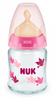 Стъклено шише с каучуков биберон NUK - First Choice, TC, 120 ml, 0-6 месеца, Розово