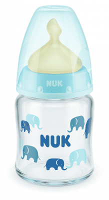 Стъклено шише с каучуков биберон NUK - First Choice, TC, 120 ml, 0-6 месеца, Синьо