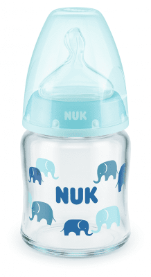 Стъклено шише със силиконов биберон NUK - First Choice, TC, 120 ml, 0-6 месеца, Синьо