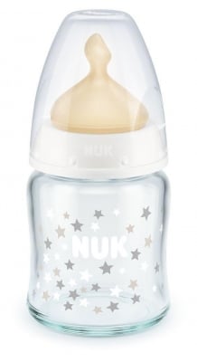 Стъклено шише с каучуков биберон NUK - First Choice, TC, 120 ml, 0-6 месеца, Бяло