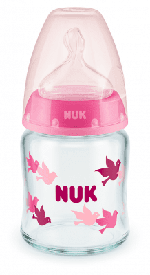 Стъклено шише със силиконов биберон NUK - First Choice, TC, 120 ml, 0-6 месеца, Розово