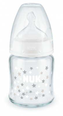 Стъклено шише със силиконов биберон NUK - First Choice, TC, 120 ml, 0-6 месеца, Бяло