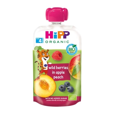 Био плодова закуска Hipp Hippis - Горски плодове, ябълка и праскова, 100 g