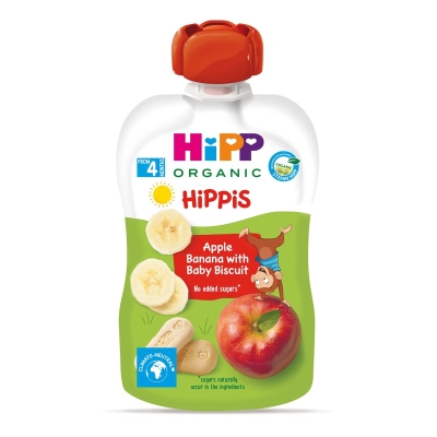 Био плодова закуска Hipp Hippis - Ябълка, банан и бебешки бисквити, 100 g