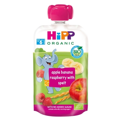 Био плодова закуска Hipp Hippis - Ябълка, банан и малина с пълнозърнести култури, 100 g