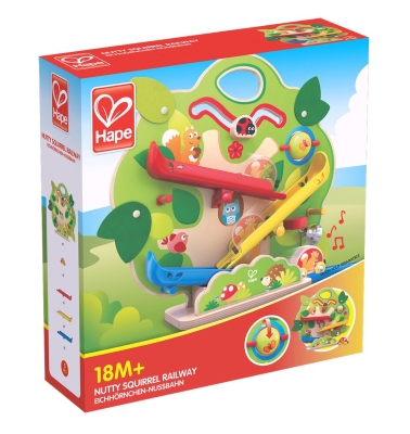 Дървен комплект Hape - Влакче бързата катерица, 5 части