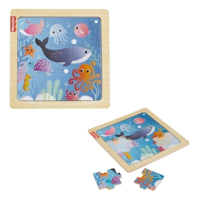 Дървен мини пъзел Fisher Price - Морско дъно, 9 части
