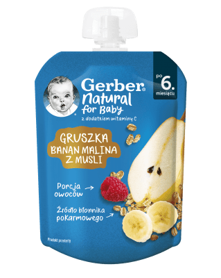 Пюре Nestle GERBER Natural - Пауч круша, банан и малина с мюсли , 80 g