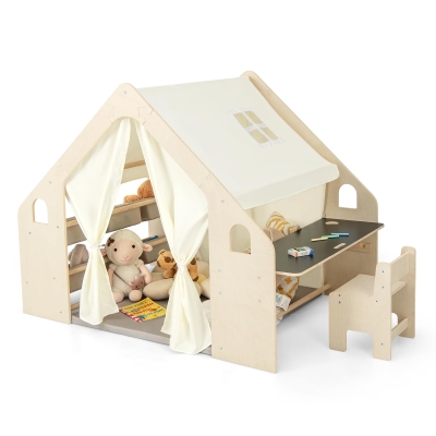 Дървена детска къща за игра Ginger Home 6 в 1 - Стол, Маса, Черна Дъска, Органайзер, Тента и Мека Подложка