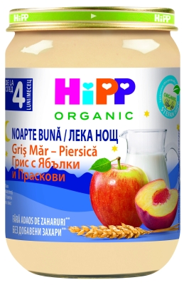 Био млечна каша Hipp Лека нощ - Грис с ябълки и праскови, 190 g