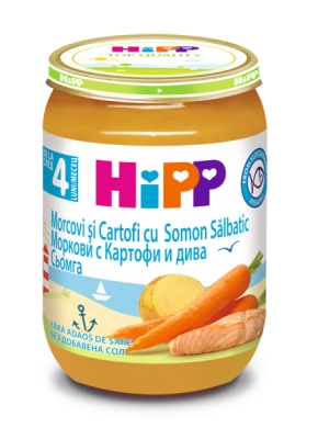 Био пюре Hipp - Сьомга с ранни моркови и картофи, 190 g