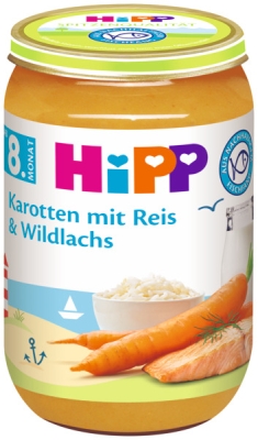 Био пюре Hipp - Рибно меню с моркови, ориз и дива сьомга, 220 g