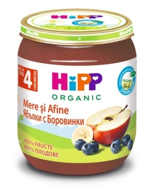 Био плодово пюре Hipp - Ябълки с боровинки, 125 g