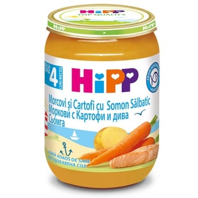 Био пюре Hipp - Сьомга с ранни моркови и картофи, 190 g