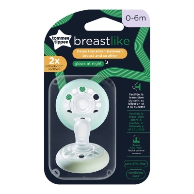 Ортодонтични залъгалки Tommee Tippee - Breast Like, Night 0-6 m, 2 броя