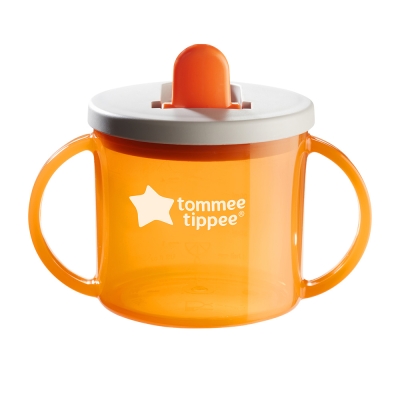 Чаша с дръжки и прибиращ се твърд накрайник Tommee Tippee - First Cup, Оранжева, 190 ml, 4 m+