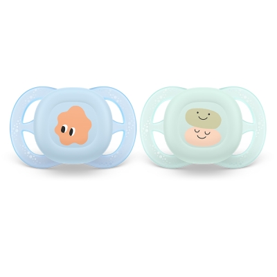 Залъгалки Philips Avent - Ultra Start, усмивка и очички с кутия за стерилизиране, 0 - 2 m, 2 броя