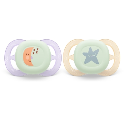 Залъгалки Philips Avent - Ultra Start Night, луна и звезда с кутия за стерилизиране, 0 - 2 m, 2 броя