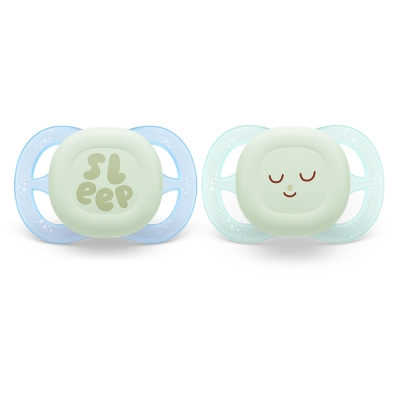 Залъгалки Philips Avent - Ultra Start Night, Sleep с кутия за стерилизиране, 0 - 2 m, 2 броя
