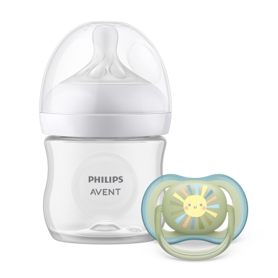 Комплект за хранене Philips Avent - Natural Response с шише 125 ml, биберон поток 2, 0 m + и залъгалка Ultra Air 0 - 6 m