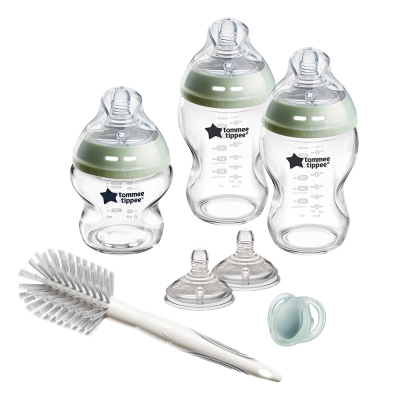 Комплект стъклени шишета за новородено Tommee Tippee - Natural Start с четка за шишета