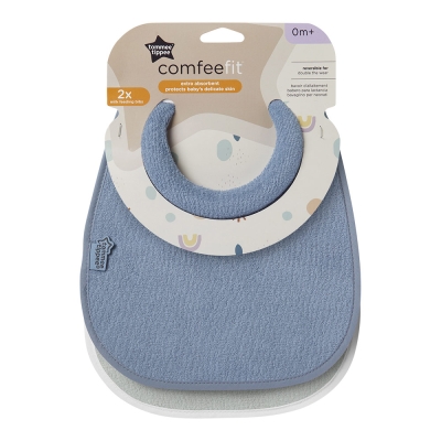 Двустранен текстилен лигавник Tommee Tippee - Comfee Fit, Син и Зелен, 0 m+, 2 броя