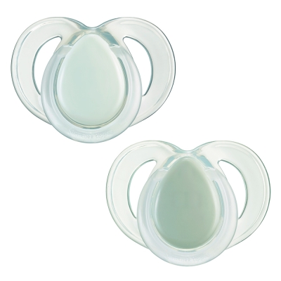Ортодонтични залъгалки Tommee Tippee - Night Time със светеща в тъмното дръжка, в Бяло и Зелено с кутия за стерилизиране, 6-18 m, 2 броя