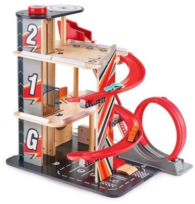 Дървен комплект Hape - Състезателна каскадна писта с гараж