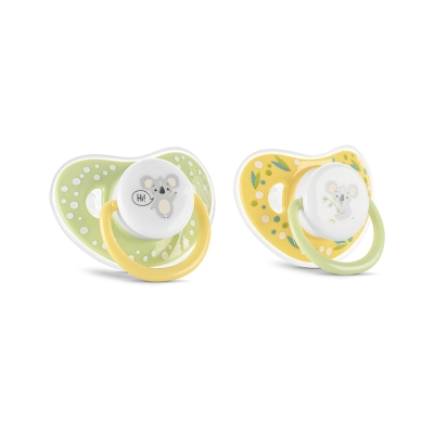 Силиконови залъгалки Baby Care - Yellow & Green, с капаче, 2 броя, 6 m+