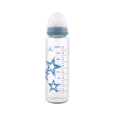 Бебешко стъклено шише Lorelli - Anti Colic, 240 ml, Moonlight Blue