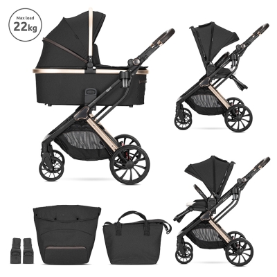 Бебешка количка 2 в 1 Lorelli - Glory, с адаптори и кош за новородено, Black