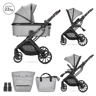 Бебешка количка 2 в 1 Lorelli - Glory, с адаптори и кош за новородено, Grey