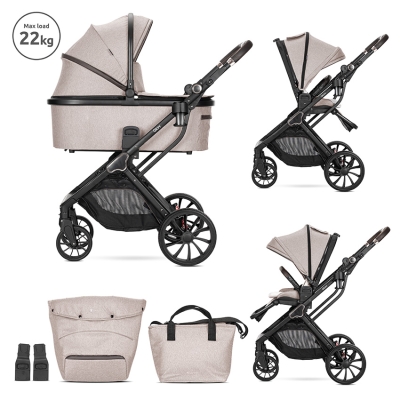 Бебешка количка 2 в 1 Lorelli - Glory, с адаптори и кош за новородено, Beige