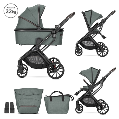 Бебешка количка 2 в 1 Lorelli - Glory, с адаптори и кош за новородено, Green
