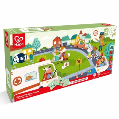 Образователен пъзел 4 в 1 Hape - Спасителни превозни средства