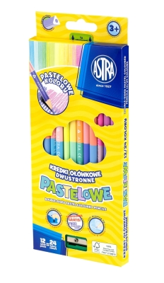 Цветни двустранни моливи Astra - 12 броя, 24 цвята, с острилка