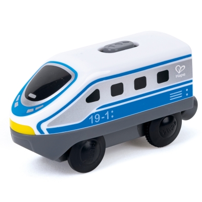 Детска играчка Hape - Междуградски локомотив с батерия, Син