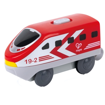 Детска играчка Hape - Междуградски локомотив с батерия, Червен