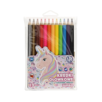 Комплект кръгли цветни моливи Astra - Jumbo, Еднорог, 12 цвята, Острилка