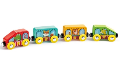 Дървен комплект Hape - Цветно приключенско влакче, Животни